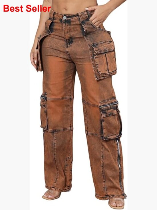 Denim - Polyester and Spandex Blend Cargo Pants with Side Zipper and Pockets